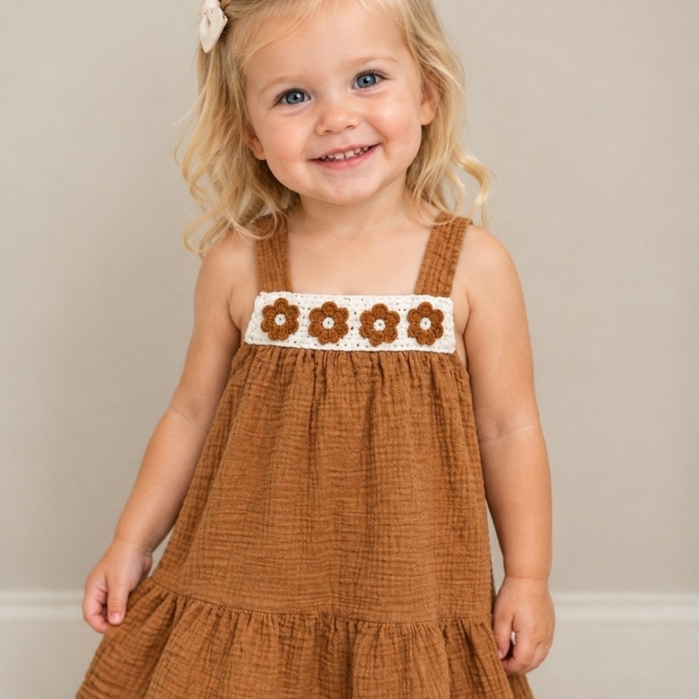 Rachel Zoe Rust Orange Cotton Maxi Dress with White Crochet Floral Trim